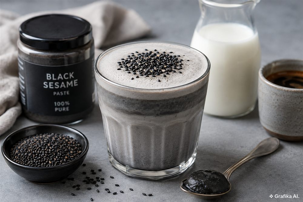 Black sesame latte z pastą i ziarnami czarnego sezamu – grafika AI