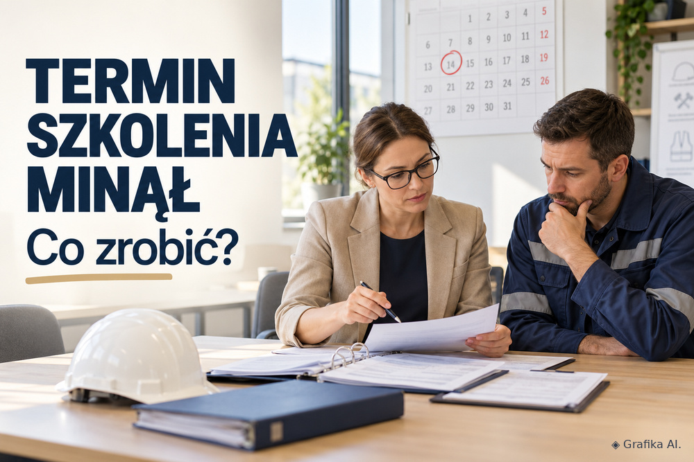 Specjalistka BHP i pracownik sprawdzają dokumenty oraz termin szkolenia – grafika AI.