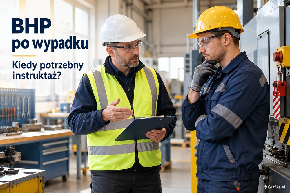 Instruktor omawia z pracownikiem zasady BHP obok zabezpieczonej maszyny. Grafika AI.